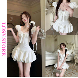 Váy Nữ Dáng Bí Cổ Vuông Đính Nơ Phối Ren Tiểu Thư Kèm Quần Bảo Hộ LOSY.STORE