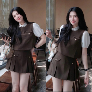 (Set 3 Món): Áo Sơ Mi Cổ Sen 3 Màu + Áo Gile Chéo Ý + Chân Váy Dạ Xếp Ly Đính Cúc Ngọc Siêu Xinh Chuẩn Style Hàn