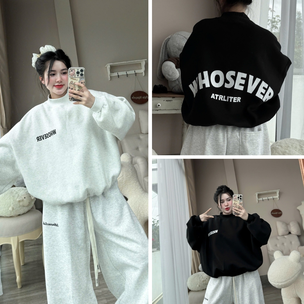  Áo sweater nỉ tàu l1 tay phồng form Boxy in chữ whosever tay phồng cổ cao chất liệu nỉ bông dày dặn nam nữ unisex 