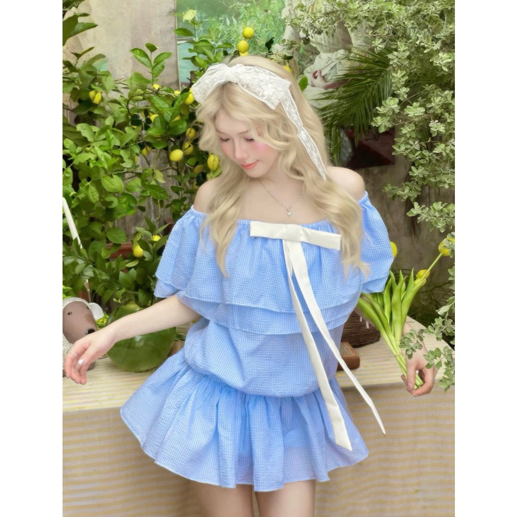 Váy Trễ Vai Baby Kẻ Xanh Pastel Đính Nơ Nhún Hông Dáng Xòe Chất Liệu Thô Đũi Tặng Kèm Quần Trong | BigBuy360 - bigbuy360.vn