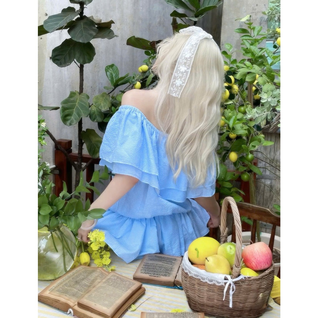 Váy Trễ Vai Baby Kẻ Xanh Pastel Đính Nơ Nhún Hông Dáng Xòe Chất Liệu Thô Đũi Tặng Kèm Quần Trong | BigBuy360 - bigbuy360.vn