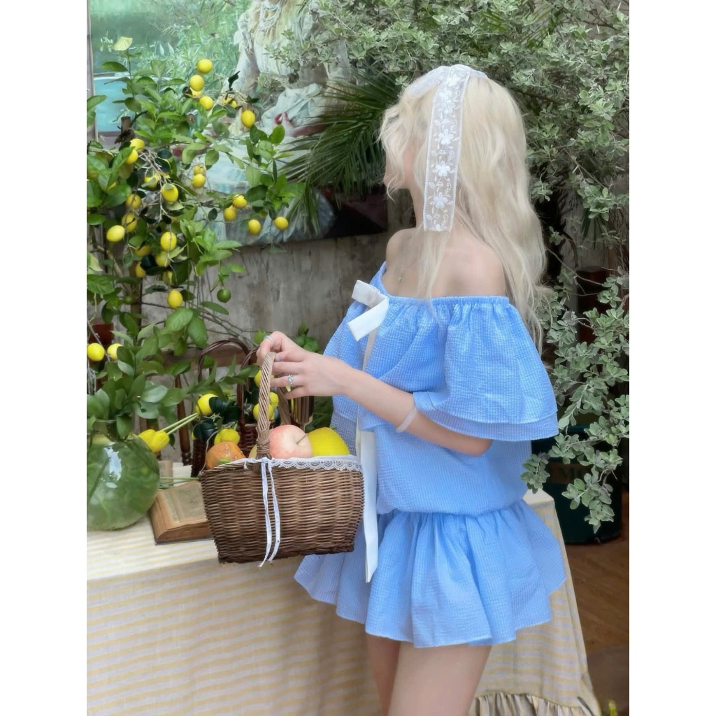 Váy Trễ Vai Baby Kẻ Xanh Pastel Đính Nơ Nhún Hông Dáng Xòe Chất Liệu Thô Đũi Tặng Kèm Quần Trong | BigBuy360 - bigbuy360.vn