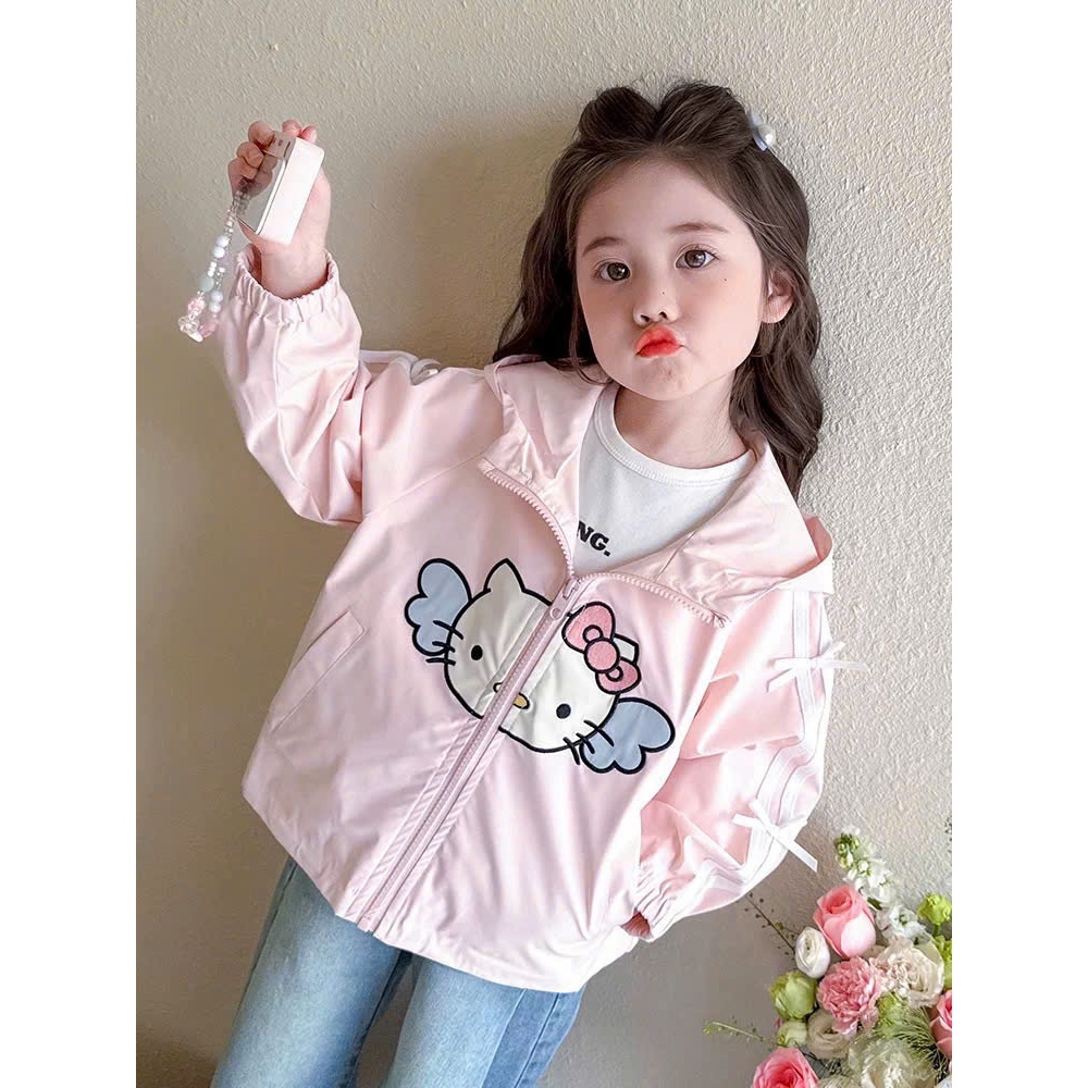 Áo khoác gió cho bé gái  2 lớp có nón hoạ tiết tai mèo Hello Kitty phong cách thu đông cho bé 15-40kg Moon kids 