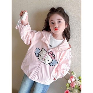  Áo khoác gió cho bé gái  2 lớp có nón hoạ tiết tai mèo Hello Kitty phong cách thu đông cho bé 15-40kg Moon kids 