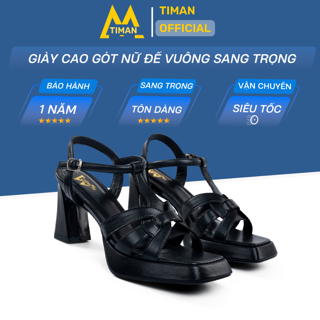 Giày cao gót nữ Timanvn CG207 đế vuông cao 8 phân màu đen mũi nhọn kiểu nơ đính đá bảo hành 1 năm