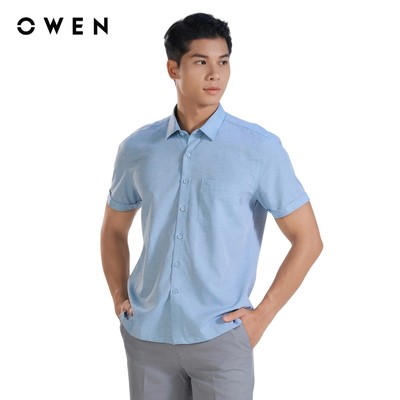 Owen - Áo sơ mi ngắn tay Body Fit AB250081NT màu Xanh nhạt chất liệu Bamboo linen