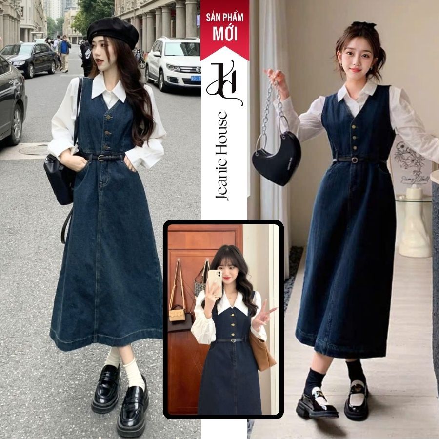 (TẶNG ĐAI) Váy Yếm Dáng Dài, Váy denim váy dài qua gối, Yếm Jean dài nữ Jeanie House F2