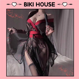  Đồ cosplay kimono Nhật Bản xuyên thấu xẻ tà sexy gợi cảm set cổ trang hanfu đen xẻ V1 quyến rũ tinh tế BIKI HOUSE N343 