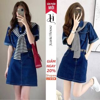 [TẶNG DÂY LƯNG] Váy bò ngắn Jeanie House túi ngực kèm đai, váy denim dáng chữ a tay ngắn D1