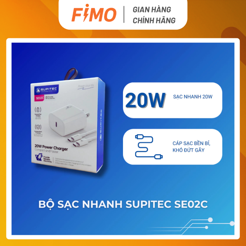 [Hỏa tốc] Bộ sạc nhanh 20W chuẩn PD cổng Type-C SUPITEC SE-02C | Dây sạc an toàn, chính hãng FIMO