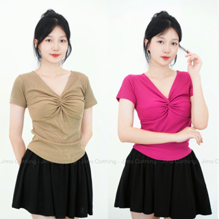 Áo thun nữ JIMA xoắn ngực tay ngắn nhún eo che bụng chất thun tăm hàn co giãn 216