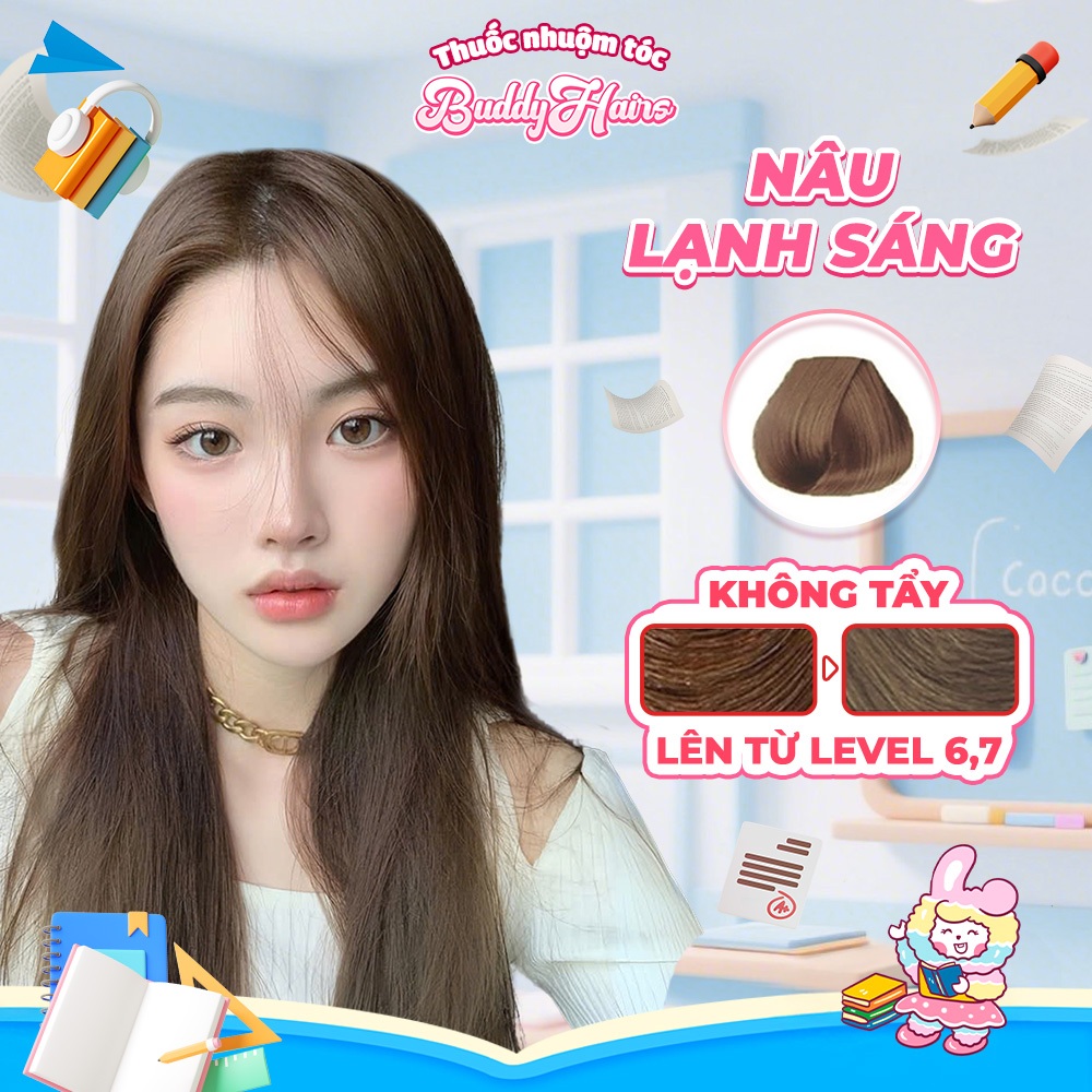 Thuốc nhuộm tóc Nâu Lạnh Sáng, Nâu Lạnh, Nâu Trà Sáng không cần dùng Thuốc tẩy tóc Buddyhairs, Buddyhair, Buddy.hairs