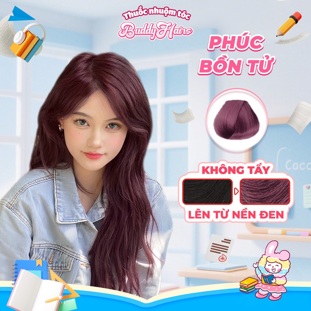 Thuốc nhuộm tóc màu PHÚC BỒN TỬ, ĐỎ ÁNH TÍM thuốc nhuộm tóc không cần tẩy, kem nhuộm tóc tại nhà Buddyhairs tặng kèm