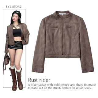 T31 - Áo khoác da nâu thời trang đường phố biker jacket trendy cá tính chất dày dặn xám vàng phong cách bụi bặm tay dài