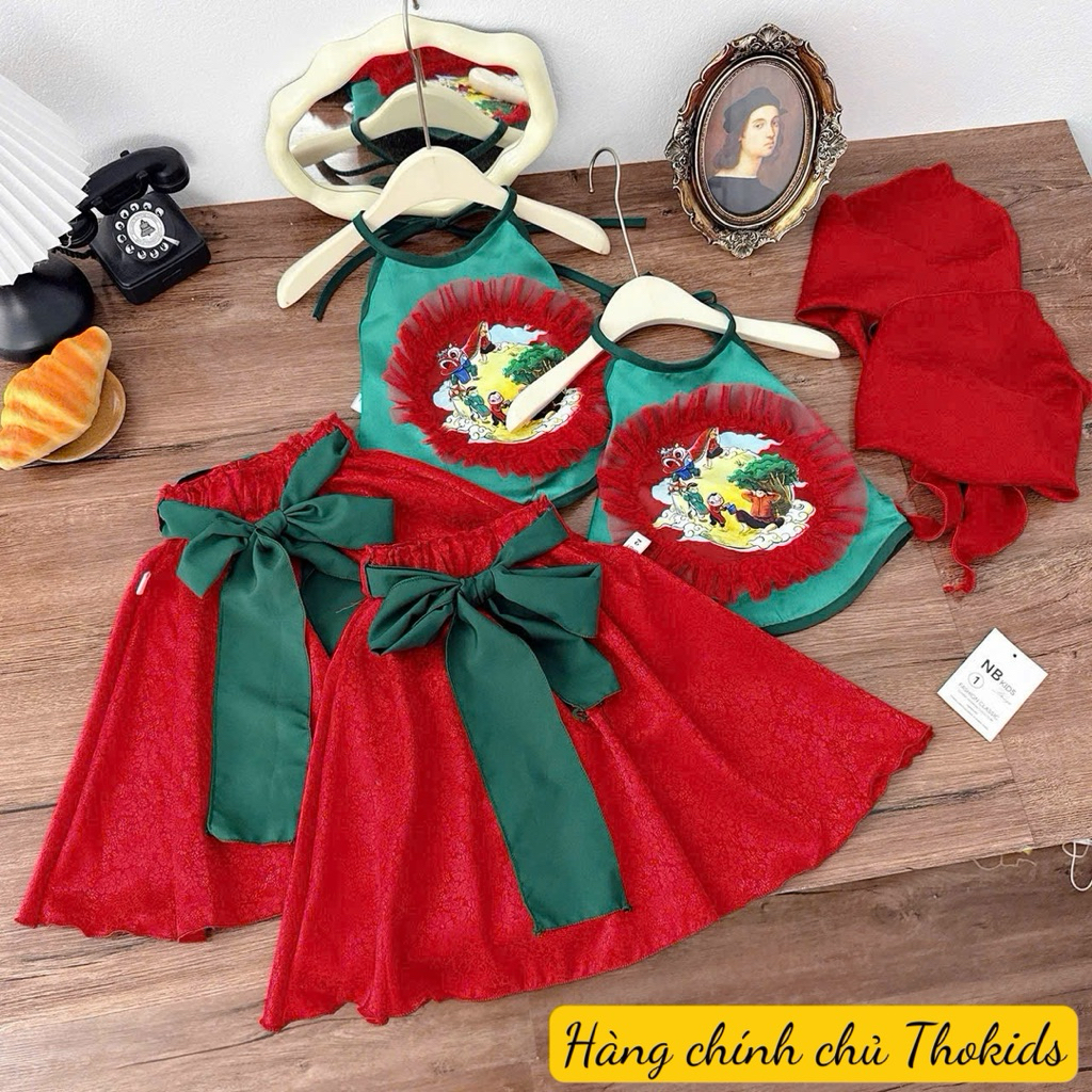 [Thokids] (Tặng khăn) Set Yếm Trung Thu - Yếm Xanh Hoạ Tiết Phối Chân Váy Đỏ Nơ Cho Bé Gái