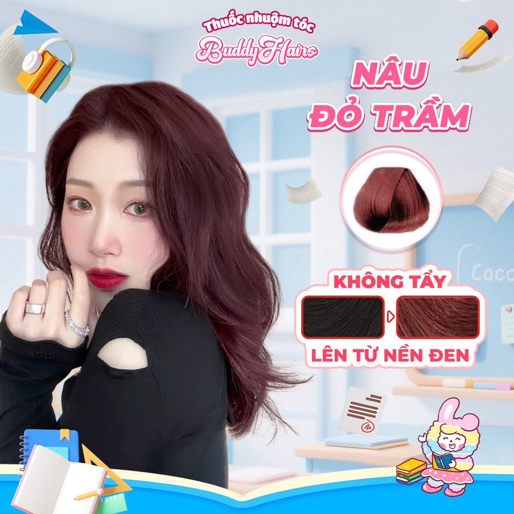 Thuốc nhuộm tóc màu NÂU ĐỎ TRẦM, NÂU ĐỎ ĐẤT thuốc nhuộm tóc không cần tẩy, kem nhuộm tóc tại nhà Buddyhairs tặng kèm dụn