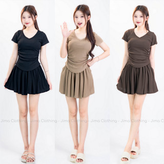  Set bộ nữ JIMA cổ tim tay ngắn nhún eo che bụng quần giả váy xếp ly thun mát 114 