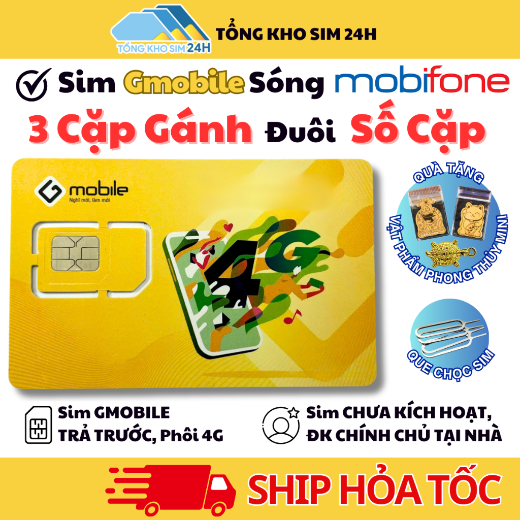 Sim Gmobile Số Đẹp 3 Cặp Gánh Số Cặp Sóng Mobifone Mạnh Kèm Data GM68 1Gb/Ngày [ĐKCC tại nhà]