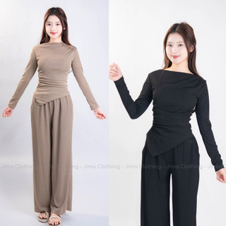  Set bộ nữ JIMA áo dài tay cổ thuyền nhún eo che bụng kèm quần dài mặc nhà vải loại đẹp TK102 