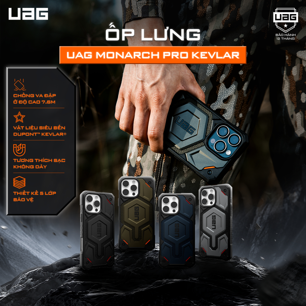 Ốp lưng UAG Monarch Pro Kevlar® dành cho iPhone 17/16/15 Series – Chống sốc quân đội, vật liệu Kevla