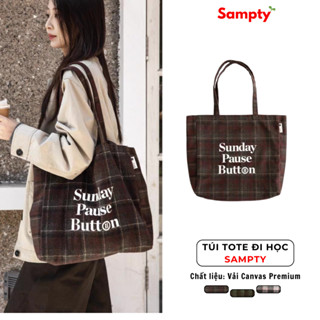 Túi Tote Đi Học Kẻ Caro 𝐒𝐚𝐦𝐩𝐭𝐲 Đeo Vai Nữ Vải KATE Premium 2 Lớp Dày Dặn Sunday Pause Button Autumn 2025