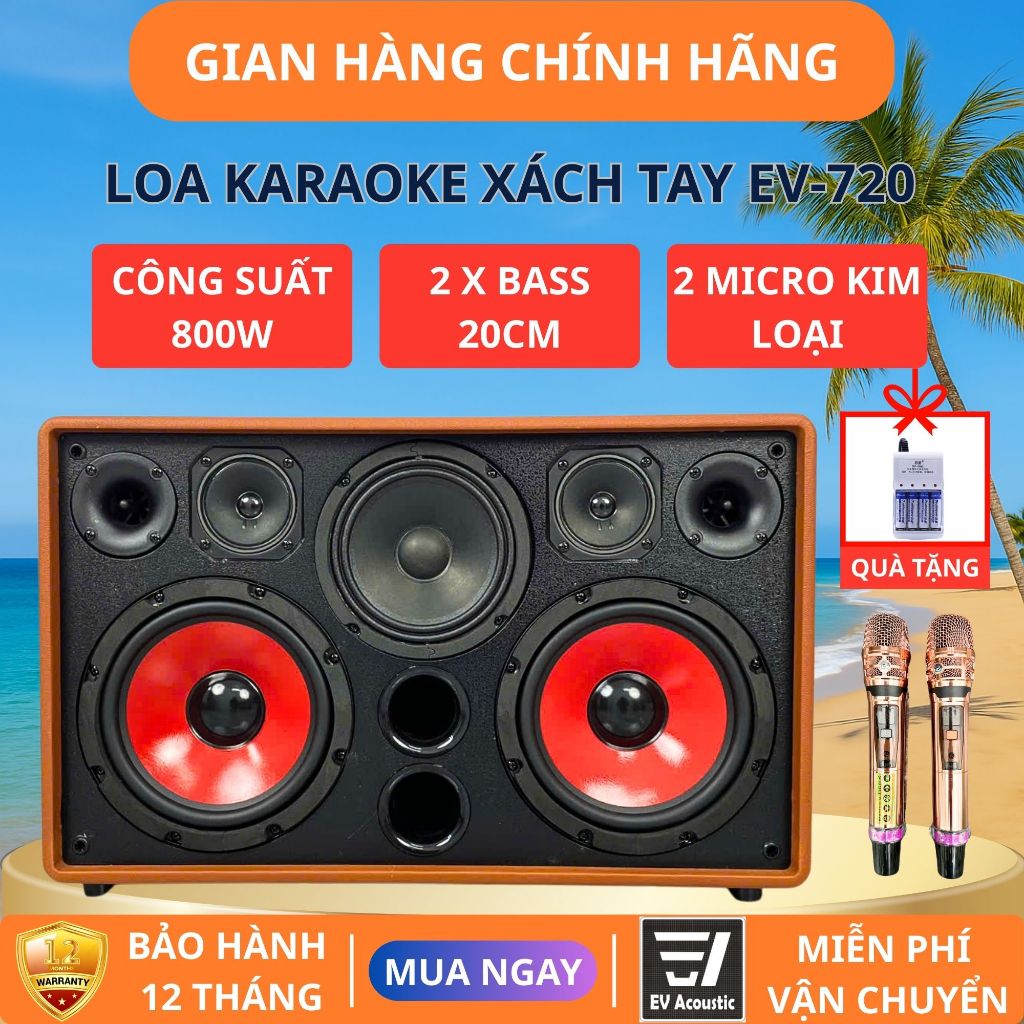  EV Acoustic | EV-720 | Loa Karaoke Xách Tay Cao Cấp | Công Suất 800W | 2 Bass 20 | Micro Không Dây Cao Cấp | Vỏ Da 