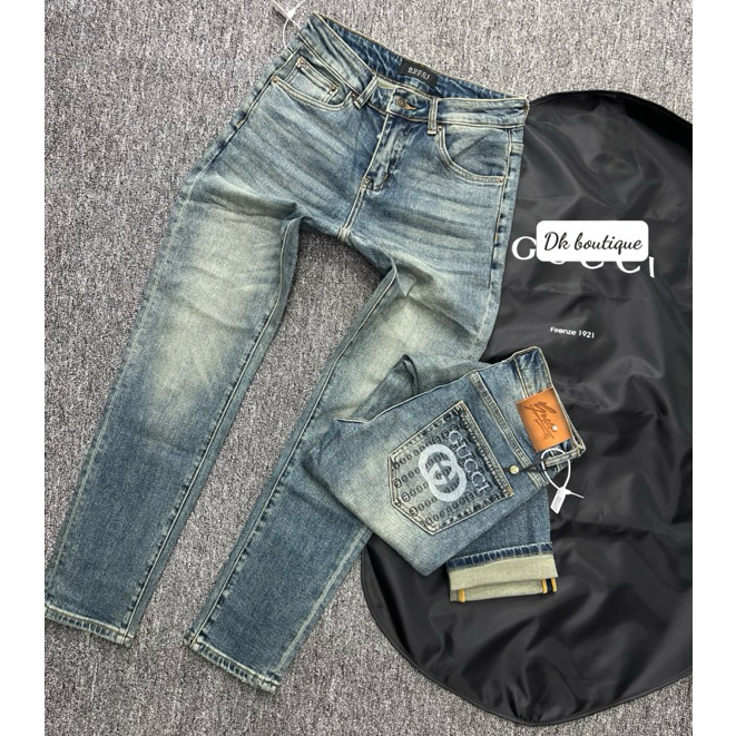 Quần Jean Nam Sinh Viên Học Sinh C-C Xanh Trơn Phối Dập Nhăn Quần Bò Nam CG Bản Đẹp Nhập Quảng Châu