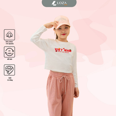 Áo thun tay dài cho bé gái in chữ Việt Nam - Màu đỏ da vàng - Áo croptop dài tay bé gái Loza Kids CG002