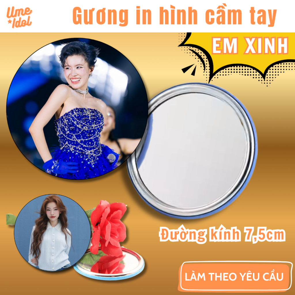 Gương cầm tay in ảnh theo yêu cầu, gương mini bỏ túi, hình có sẵn: Lyhan, Ánh Sáng AZA, Han Sara