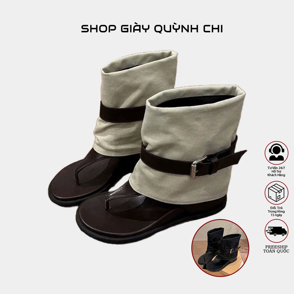 Bốt nữ xỏ ngón EMCOM đai da đế độn 5cm phong cách Hàn QCCC hottrend– Tiệm giày Quỳnh Chi 304