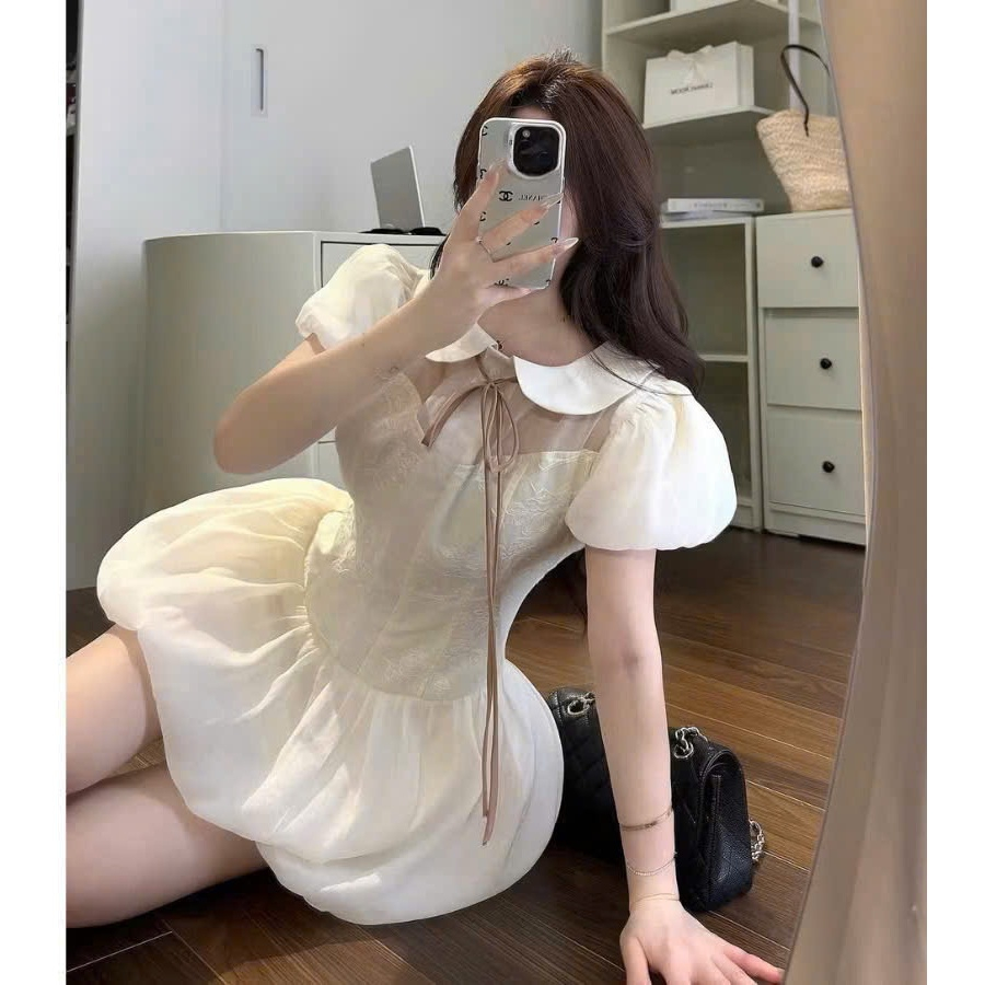 (Hàng 3 Size) :Váy Tiểu Thư Cổ Sen Tay Bồng Chất Tơ Thiết Kế Nơ Buộc Dài From Váy Bồng Bí Sang Chảnh , Ảnh Thật Lolla | BigBuy360 - bigbuy360.vn