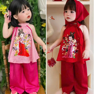 Set yếm lụa cho bé gái mặc đi chơi Trung Thu lễ tết, Bộ quần áo yếm chị Hằng phối nơ cho bé gái 7- 43kg BB07- BIATONKIDS