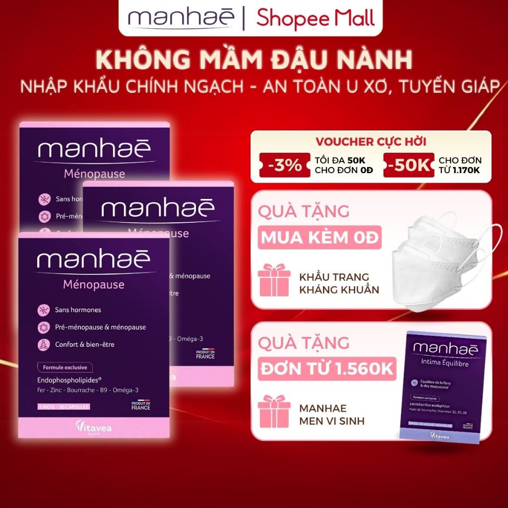 Combo 3 hộp viên nội tiết Manhea Ménopause cân bằng nội tiết, điều hòa kinh nguyệt chống lão hóa 30v