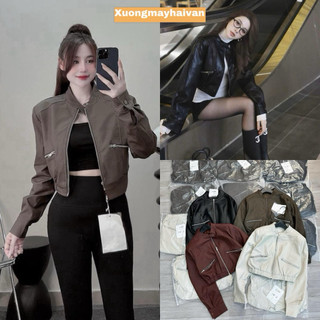  HV - Áo Khoác Da Cổ Trụ Khuy Bấm Kéo Khoá Dáng Croptop Bo Gấu 4 Màu 