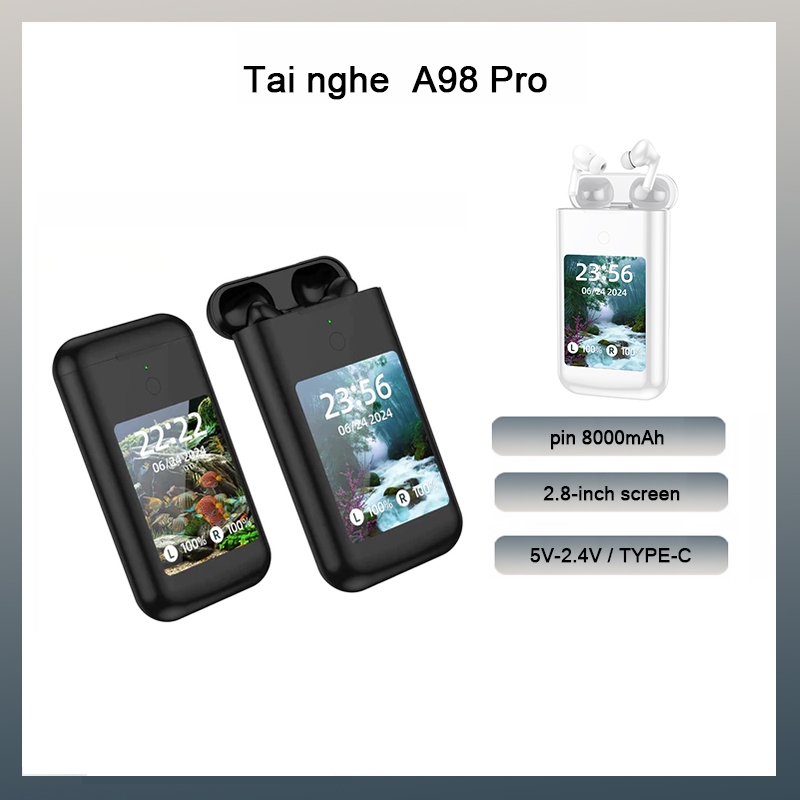 A98 Box Tai nghe Không Dây kiêm Sạc Dự Phòng 2,8 inch,Chống ồn chủ động,Màn Hình Cảm Ứng, Đèn Pin Kh