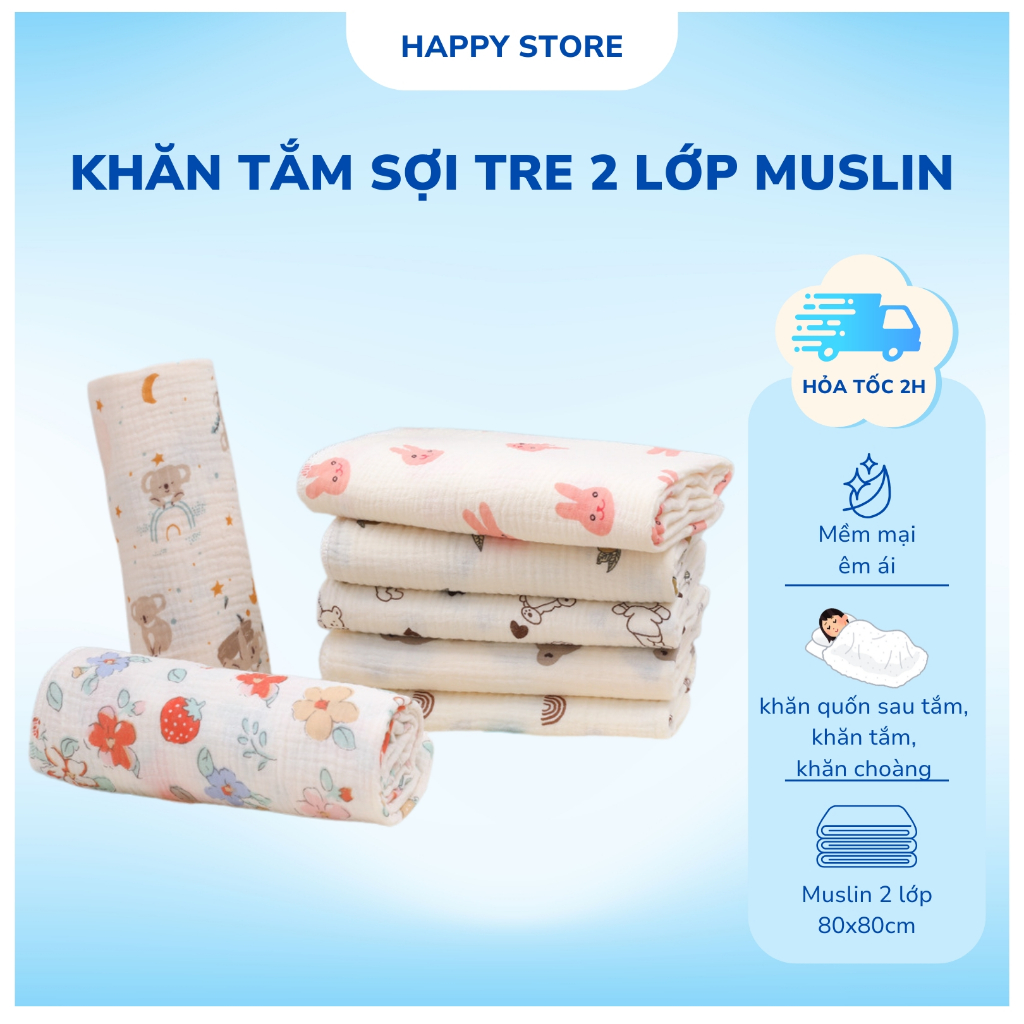 Khăn tắm sợi tre cho bé 2 lớp Muslin mềm mại size 80x80cm, chăn mỏng cho bé sơ sinh thoáng mát