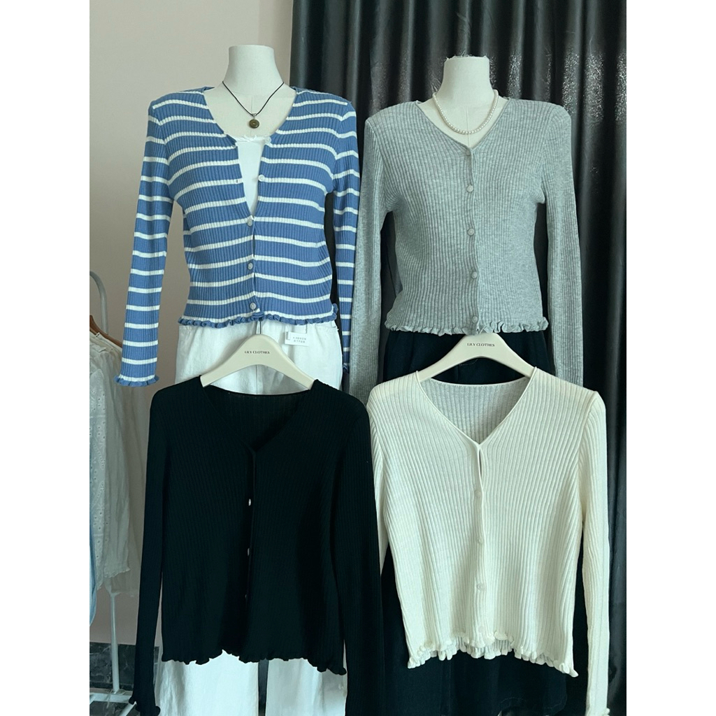 Lily.clothes- Áo cardigan len cổ V dài tay gấu viền bèo basic hàng QC (CDG02)