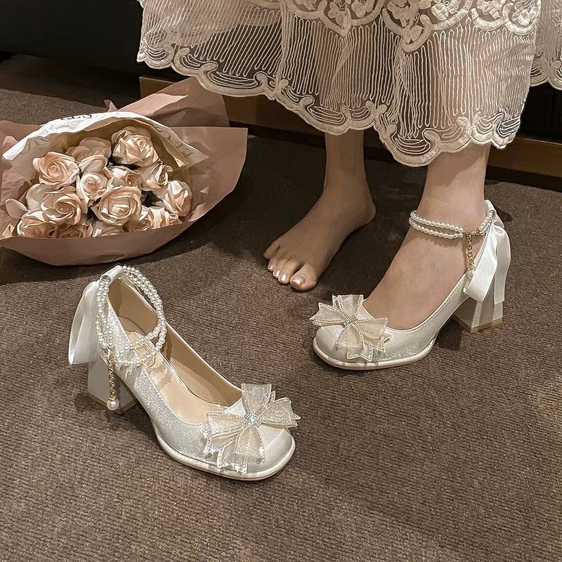 Giày cao gót TLC145 nơ hoa cao 7cm,10cm có 2 màu Dịu dàng, điệu đà