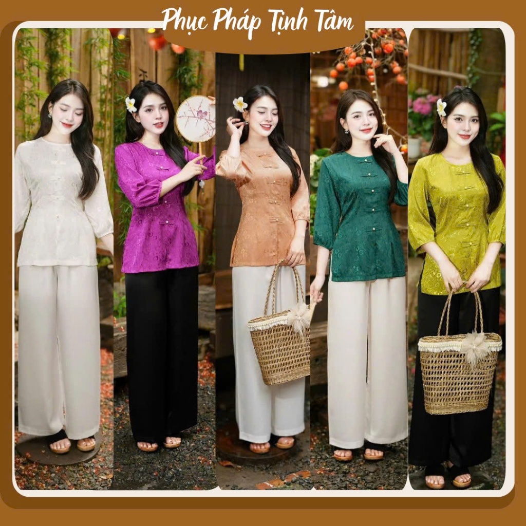 Mới Nhất Set gấm cổ tròn vạt đứn đi chùa cao cấp