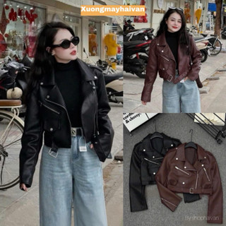 HV - Áo Khoác Da Cổ Vest Dáng Croptop Kèm Đai 2 Màu đỏ-đen