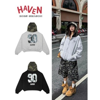 Áo hoodie nữ form rộng in số 90 phối nón camo rằn ri Haven Studio chất nỉ dày dặn màu đen và xám