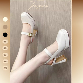  Giày Cao Gót Đế Vuông 9 Phân Bít Mũi Quai Ngang 2 Màu Trắng Đen Nude Nữ Đi Tiệc Kỉ Yếu Sang Chảnh Thái Nga Shoes - TC060 