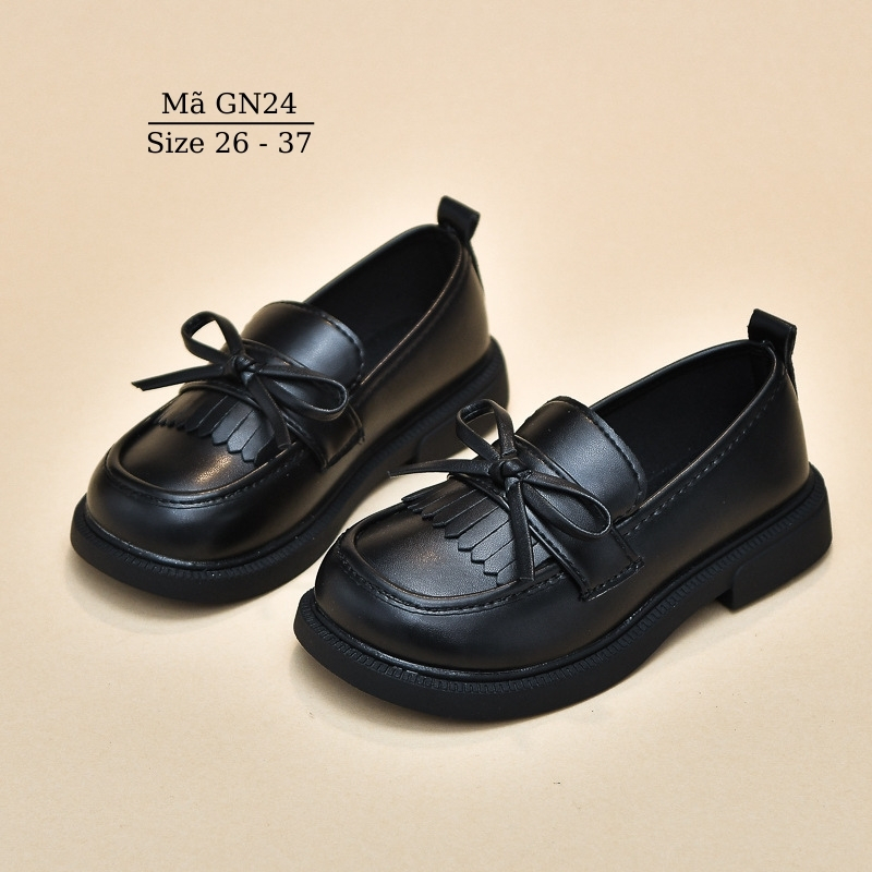 Giày Moccasin loafer đính nơ lolita cá tính phong cách Hàn Quốc dáng giày lười bé gái da full đen đi