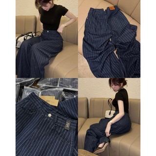  Quần ống rộng xanh than kẻ sọc  ẢNH THẬT - JEAN MỀM  Jeans giấy lưng cao dễ phối đồ hack dáng - 126 - 