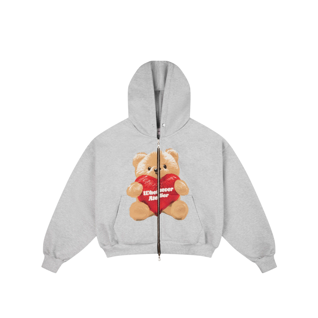WHENEVER Áo Hoodie Zip Whenever Bear Hoodie Zip Form Boxy Vải Nỉ Bông Unisex / PREMIUM GREY