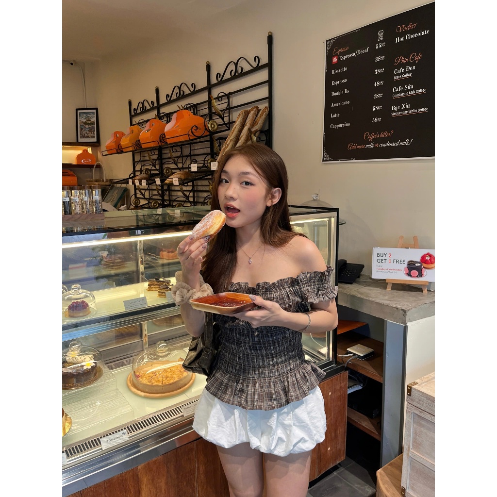  Áo Kiểu Nữ STRENDY Trễ Vai Phối Sọc Caro SECODEE 