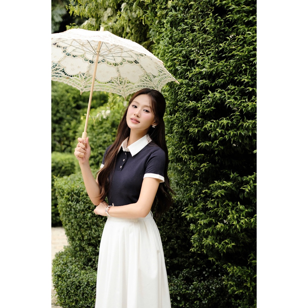 (Desk to Date) Áo dệt kim cổ tròn phối viền cổ rời, chất liệu mềm mát, co dãn mix cùng váy, quần thời trang Calie AF179 | BigBuy360 - bigbuy360.vn