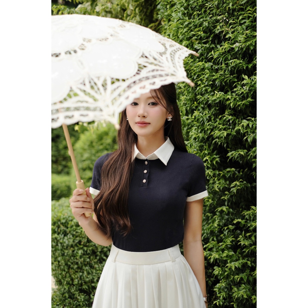 (Desk to Date) Áo dệt kim cổ tròn phối viền cổ rời, chất liệu mềm mát, co dãn mix cùng váy, quần thời trang Calie AF179 | BigBuy360 - bigbuy360.vn