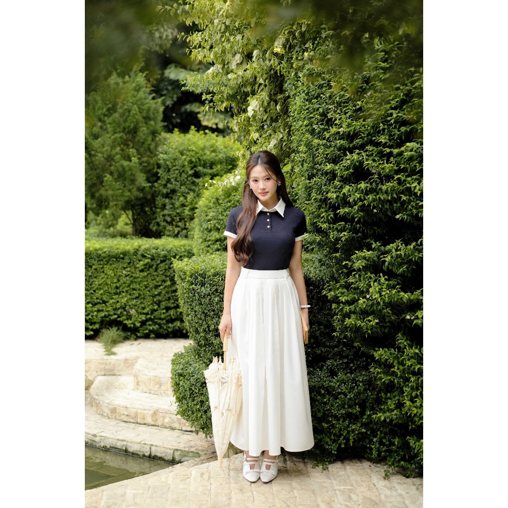 (Desk to Date) Áo dệt kim cổ tròn phối viền cổ rời, chất liệu mềm mát, co dãn mix cùng váy, quần thời trang Calie AF179 | BigBuy360 - bigbuy360.vn