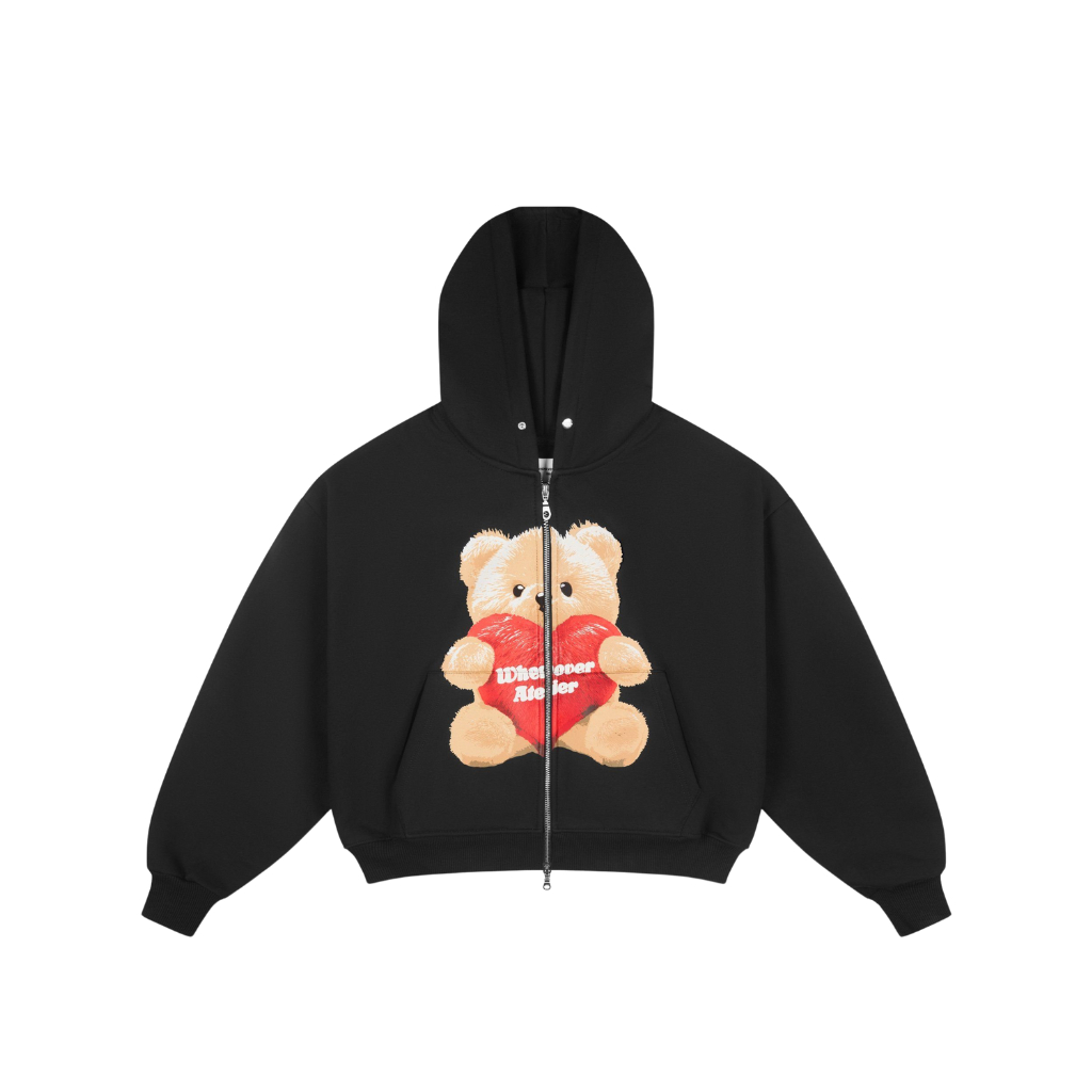 WHENEVER Áo Hoodie Zip Whenever Bear Hoodie Zip Form Boxy Vải Nỉ Bông Unisex / BLACK